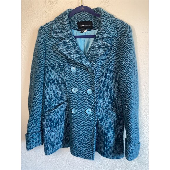 Moda Women Wool Blend teal Pea Coat M Jacket herringbone city modern - Picture 1 of 8